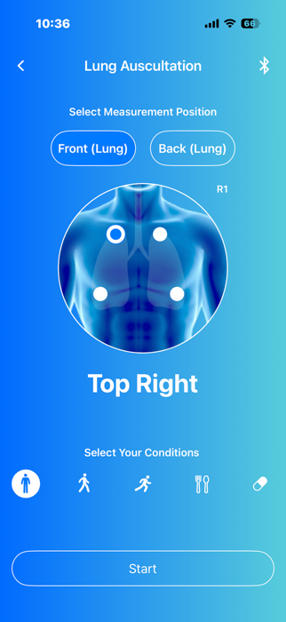Skeeper app lung mode, guided front and back measurement positions