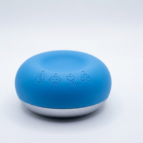 Skeeper SM-300 smart stethoscope on a white background, blue silicone top with a brushed silver base ring and four embossed mode icons