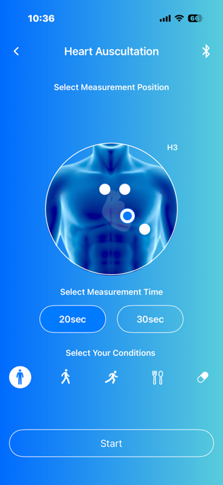 Skeeper app heart mode, guided measurement position on a body map