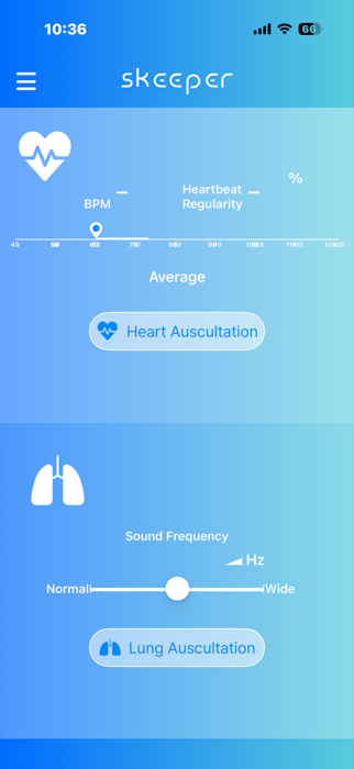 Skeeper app home screen with heart and lung recording